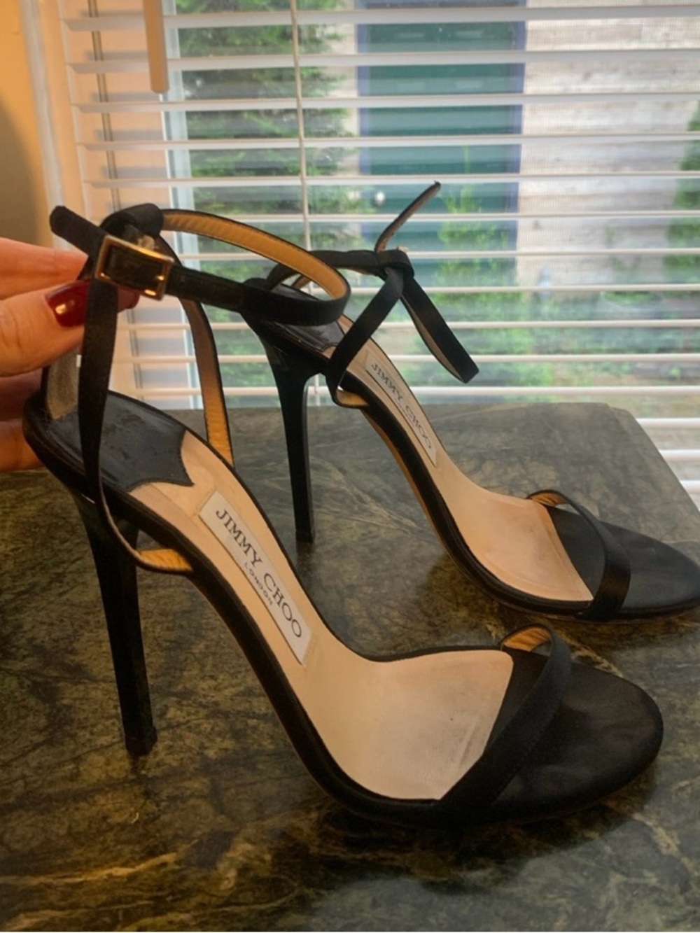 Jimmy Choo Black Satin Strappy Stiletto Sandals